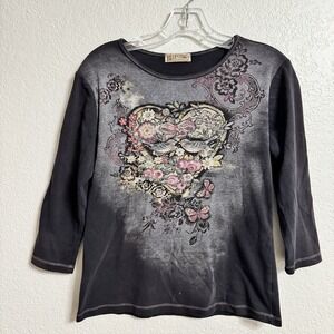 Y2K Top Large Black Dark Romantic Goth Mall Fairy Floral Butterfly Beaded